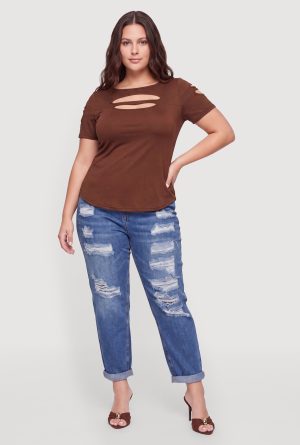 Plus Size Cutout Short Sleeve High Neck Top