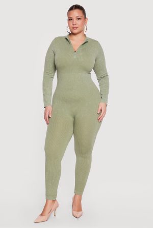 Plus Size Acid Wash Seamless Ribbed Long Sleeve Catsuit