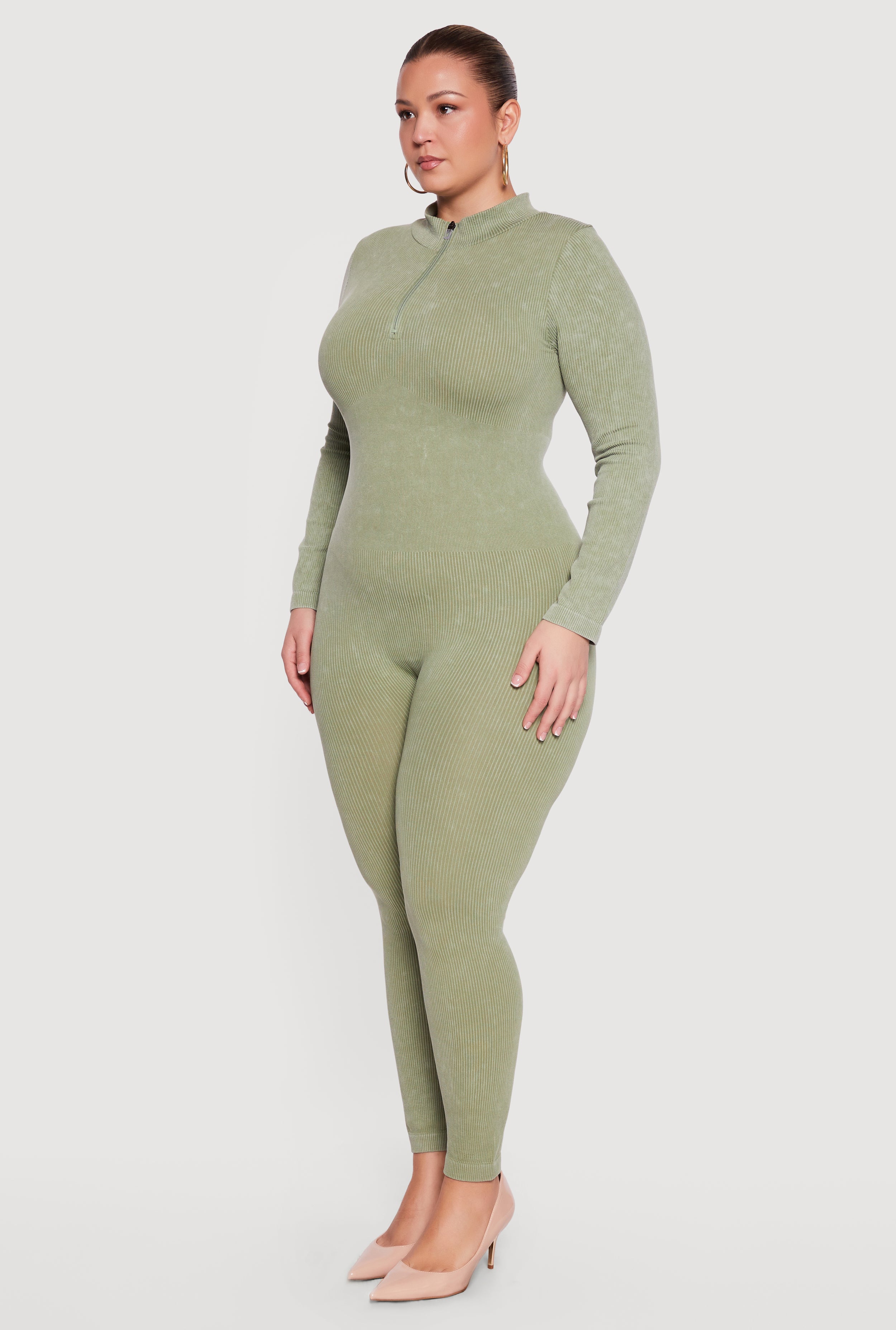 Plus Size Acid Wash Seamless Ribbed Long Sleeve Catsuit - Image 2