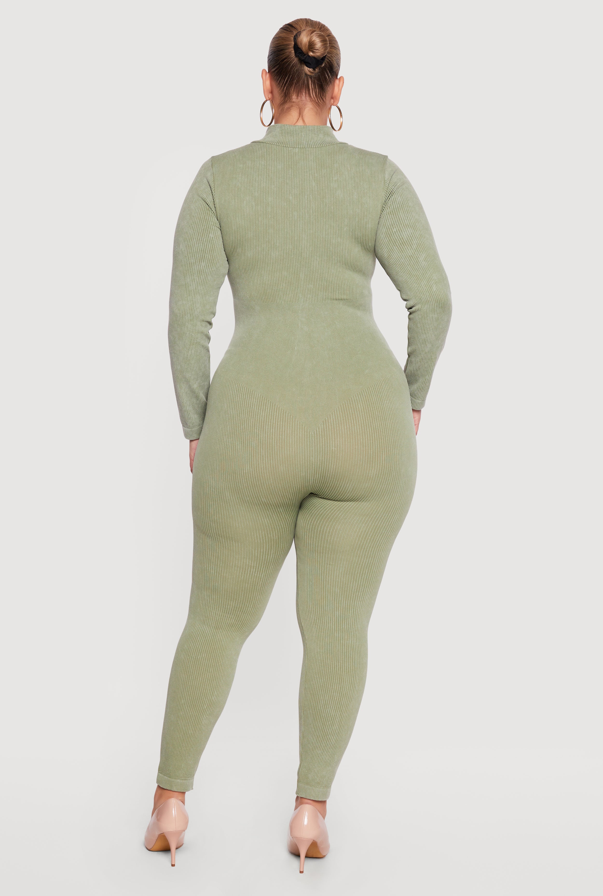 Plus Size Acid Wash Seamless Ribbed Long Sleeve Catsuit - Image 3