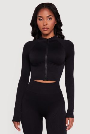 Ribbed Cropped Zip Front Active Jacket
