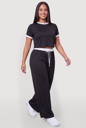 Plus Size Contrast Waistband Wide Leg Pants