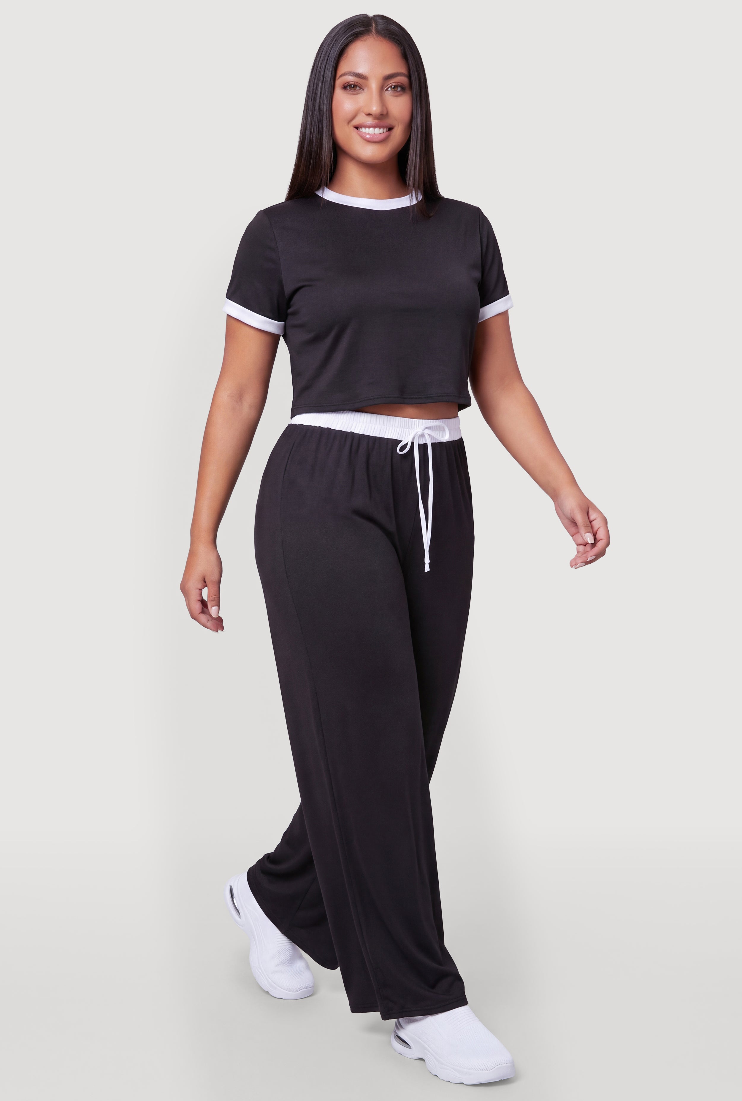 Plus Size Contrast Waistband Wide Leg Pants