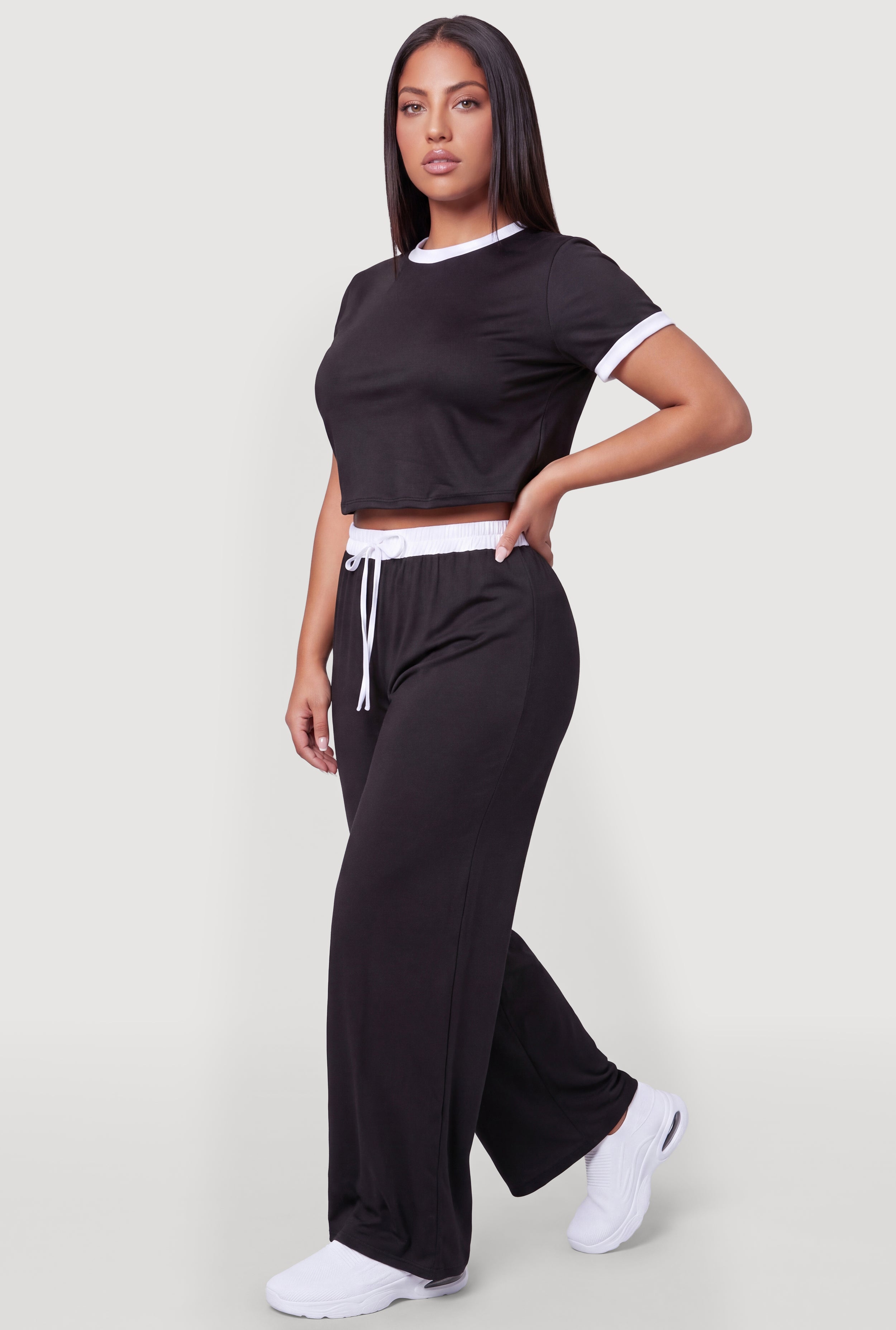 Plus Size Contrast Waistband Wide Leg Pants - Image 2
